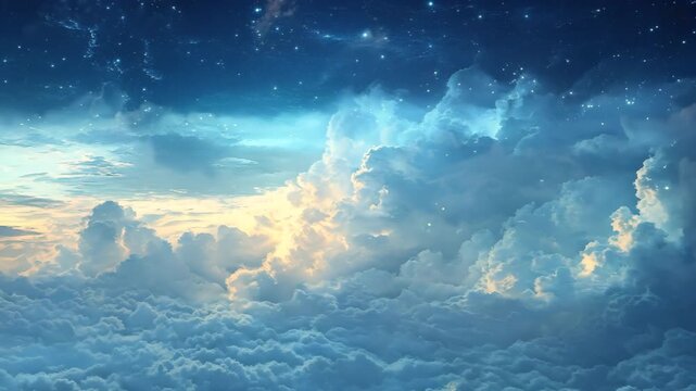 The sky is filled with clouds and stars. The sky is a beautiful blue color