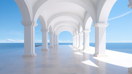 White architecture on summer seascape. View of the sea and the blue sky with white cloud. Neural network ai generated art