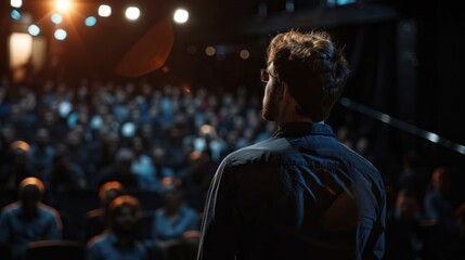 Obraz premium A man stands on a stage in front of a crowd of people