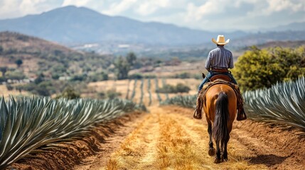 Cowboy rides a horse through agave field. This image is perfect for showcasing the agricultural landscape of Mexico.