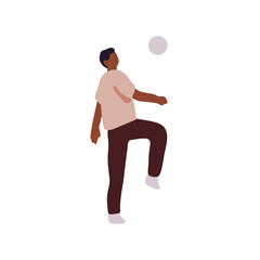 Black man plays football. Young sportsman kicks, picks up the ball with knee. Soccer player training skills to match. Athlete goes sport game. Flat isolated vector illustration on white background