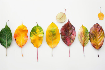 Fall foliage leaves against a white background form vivid color blocks, offering a panoramic scale and environmental awareness.