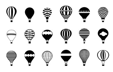 Hot air balloon with basket icons set. Aerostat. Air transport. Summer leisure journey adventure and recreation. Simple black and white flat style isolated vector clipart collection