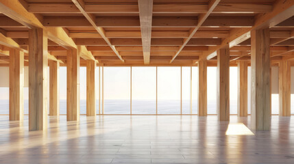 Fototapeta premium A new wood frame for a house offers expansive spaces, bathed in golden light, indicative of large-scale works.