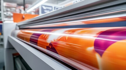A close-up of a printing machine in action, showcasing vibrant colors on a roll of material.