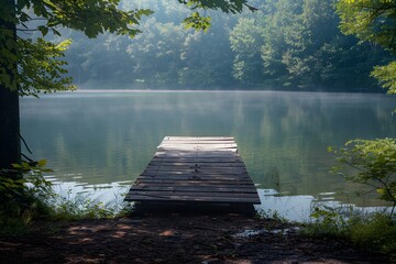 Serene Lakeside Dock Surrounded by Lush Greenery and Misty Reflections