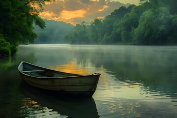 Obraz premium Serene Sunset Over a Tranquil River with a Lonely Boat
