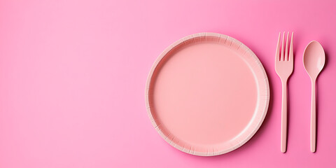 Minimalistic composition of a pink disposable plate, fork, and spoon on a pink background. This image is ideal for concepts related to diet, healthy eating, nutrition, or food services. 
