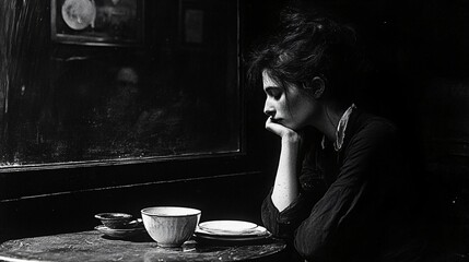 Pensive woman alone in cafe with coffee cups Moody black and white photograph for loneliness concepts urban lifestyle blogs and emotional storytelling