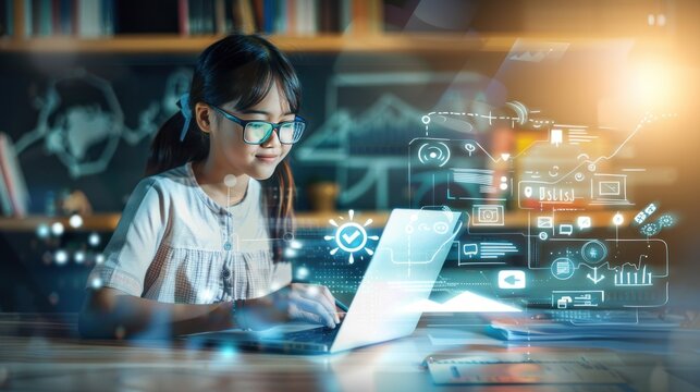 Young Girl Using Laptop with Holographic Technology