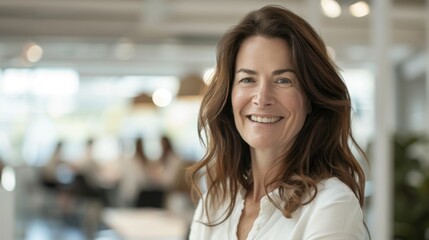 Fototapeta premium Smiling woman with long brown hair, wearing a white blouse, standing in a bright, modern office. Blurred background with colleagues. Confident, friendly, and professional