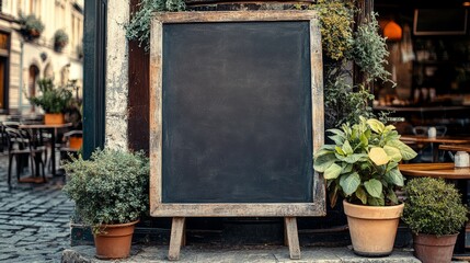 Blank Chalkboard Sign Outside a Cafe with Greenery