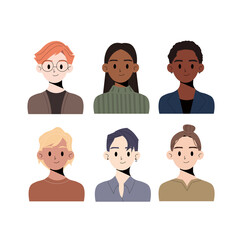Boys characters avatars set. Portraits of smiling young man face. Employee avatar, professional person profile. Flat graphic vector illustrations.