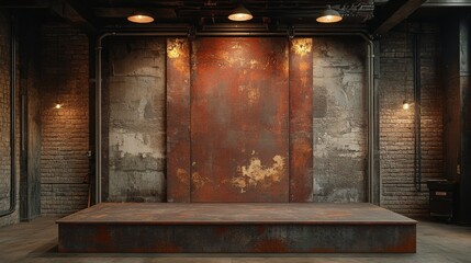 Rusty Metal Platform in Industrial Setting with Brick Walls and Lighting