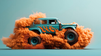 A teal 4x4 SUV with orange flame decals drives through a vibrant orange dust cloud against a light blue background.