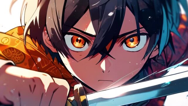 Portrait of anime man with glowing orange eyes and sword in hands, handheld shot. Japanese animated hero is ready for battle.