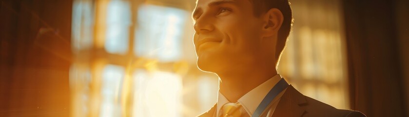 Confident Businessman in Sunlit Office with Medal Around Neck, Symbolizing Achievement and Success