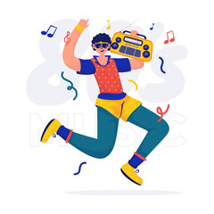 A man in 80s retro style enjoying music on the radio vector illustration