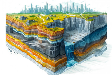 Cut geological structure earth groundwater, tectonic plates, collision sections, anthropogenic processes, pressure causing earthquakes, seismic activity under megacities, cities skyscrapers, buildings