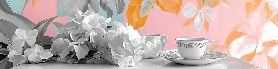 Artistic still life with white teacup and flowers on table against pastel floral background for vintage tea party or feminine lifestyle themes