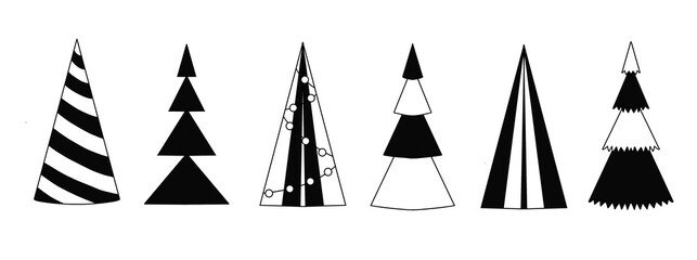 Set of Christmas trees outline sketch illustration. Design Christmas decorations. Black and white drawing hand drawn. White background