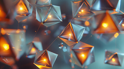Close-up of a cluster of floating tetrahedrons, each one rotating slowly and emitting a faint glow