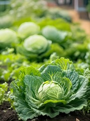 Sunlit Cabbage Field in Full Bloom on a Clear Day