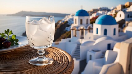 A shot of Greek ouzo in a small glass with ice cubes, surrounded by Greek meze on a beach with a sea view.