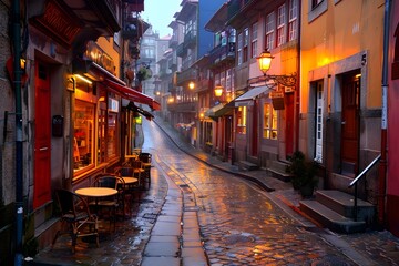 Obraz premium Enchanting Rainy Evening in a Cobblestone Street