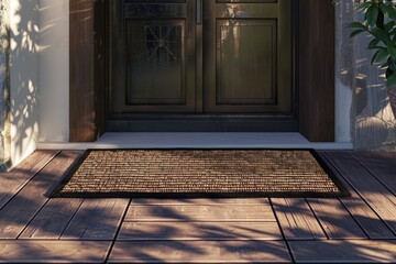 A wooden door with a mat on the outside, suitable for home or office use