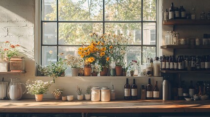 Sunlit windowsill filled with potted flowers and herbs alongside bottles for apothecary and botanical styling inspiration