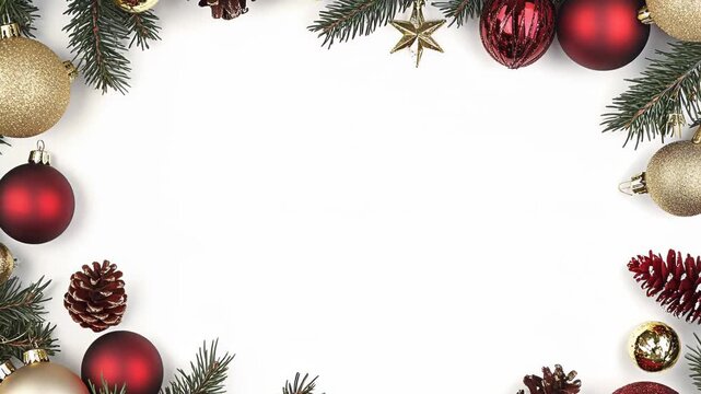 Christmas ornaments and pine branches create a festive border around white space. Red and gold baubles, pinecones, and spruce twigs form an elegant holiday frame.	