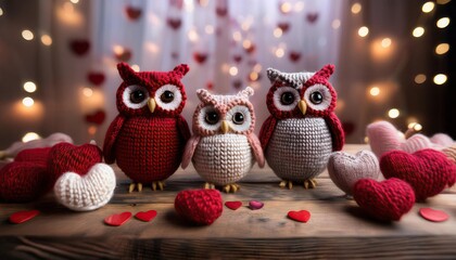 Obraz premium Cute Knitted Owls Surrounded by Love Hearts in a Cozy Setting