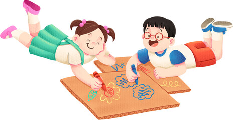 Kids Drawing on a Cardboard Illustration
