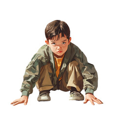 A boy in an army jacket crouching, looking fierce