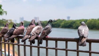 Fototapeta premium Group of Pigeons Sitting on Railing Next to River and Copy Space