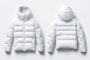A pair of white puffer jackets is displayed from the front and back on a white background