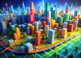 Colorful 3D cityscape with flowing lines and digital nodes, representing futuristic urban planning, infrastructure, and sustainable development strategies for a connected, eco-friendly metropolis.