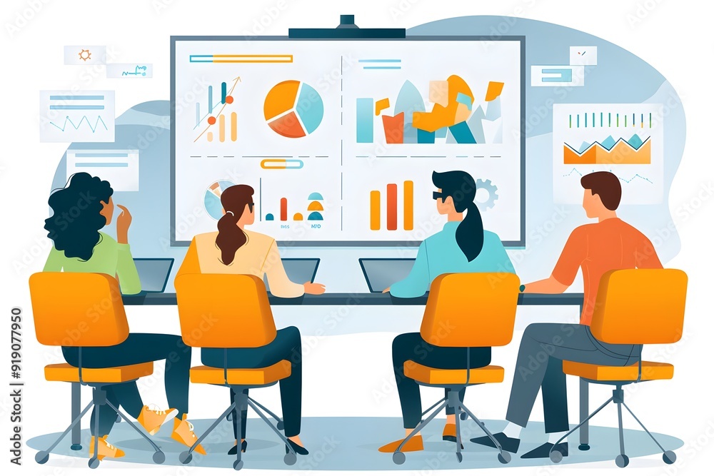 Wall mural team collaboration in data analysis meeting with visual graphs and charts