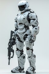 A highly detailed robot soldier grips a firearm, displaying its intricate mechanical features and advanced armor in a minimalistic setting