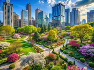 Fototapeta premium Vibrant urban oasis featuring lush greenery, blooming flowers, and diverse species of trees, promoting ecosystem balance and thriving biodiversity in the heart of the city.