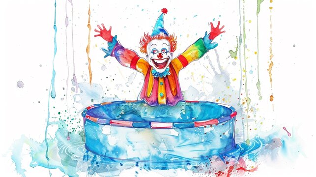 Dunk tank with a clown target,Clipart, watercolor illustration, Perfect for nursery art The style is hand  drawn, white background