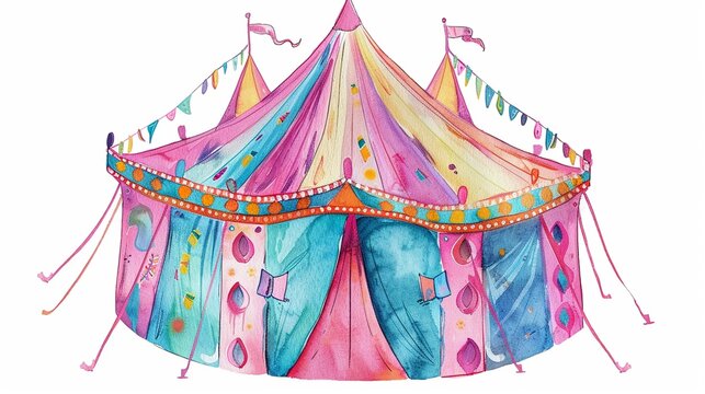 Big Top Circus Tent Entrance,Clipart, Watercolor Illustration, Perfect For Nursery Art The Style Is Hand  Drawn, White Background