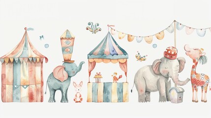 Circus posters advertising acts,Clipart, watercolor illustration, Perfect for nursery art The style is hand  drawn, white background