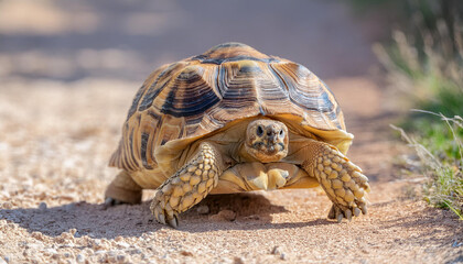 Obraz premium Leopard Tortoise Walking on a Sandy Path in the Afternoon Sun and Copy Space