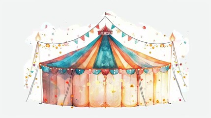 Fototapeta premium Circus marquee with flashing lights,Clipart, watercolor illustration, Perfect for nursery art The style is hand drawn, white background