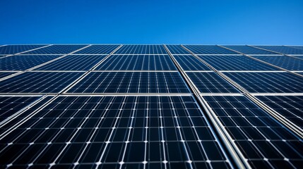 A close-up view of solar panels against a clear blue sky, showcasing renewable energy technology.