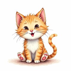 Adorable Cartoon Ginger Kitten with Big Eyes and Cute Expressions: Collection of Playful, Whimsical Cat Illustration Perfect for Children's Book, Posters, and Merchandise