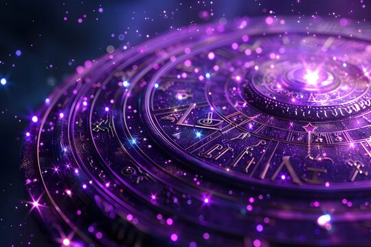 Mystical Celestial Wheel with Sparkling Stars and Zodiac Symbols