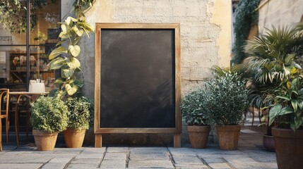 Blank Chalkboard Sign Outside Restaurant with Plants
